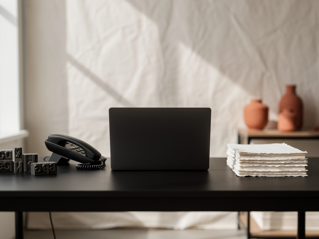 A minimalist support desk with a laptop, a black phone and a small stack of off-white paper, nobody in the frame.