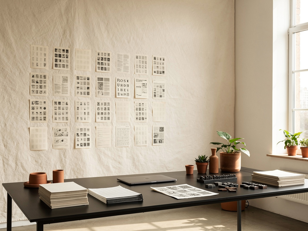 A wide shot of the sunlit studio with empty white space and a tidy grid of printed specimens on the wall.