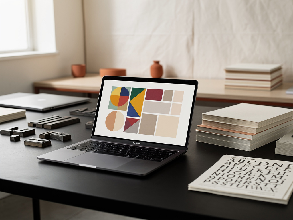 An open laptop on the worktable displaying an abstract layout of shapes, beside stacked paper samples.
