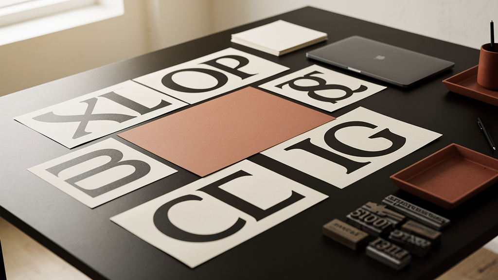 An overhead view of large printed letterform sheets in black ink spread across an off-white table, with one terracotta s