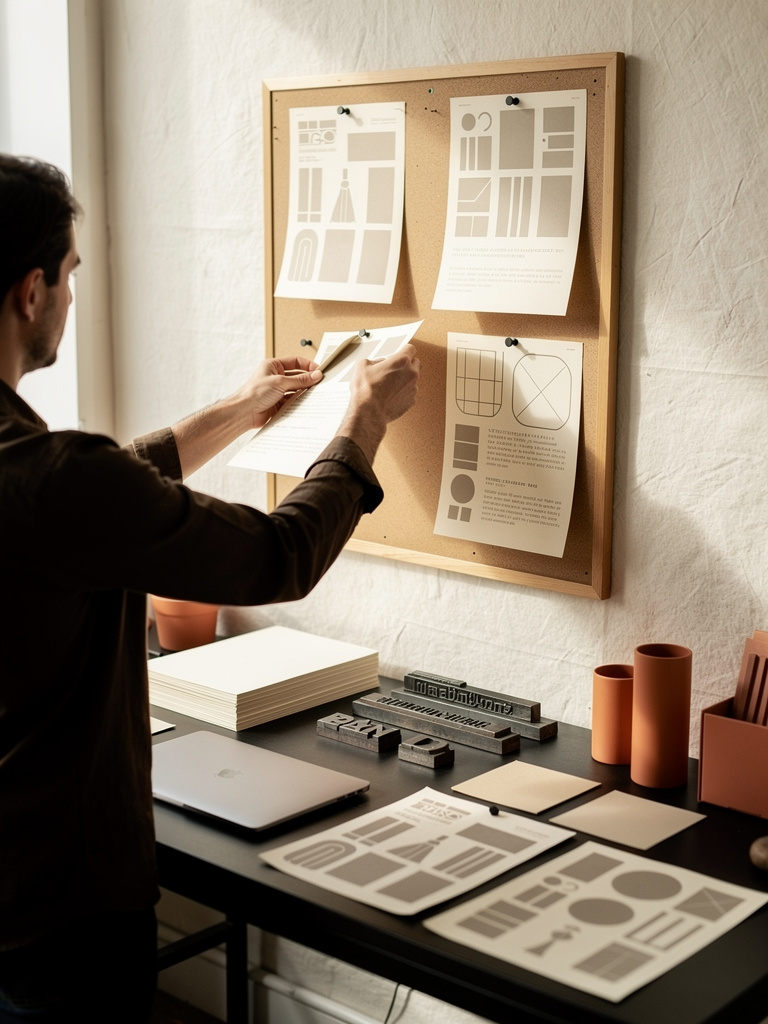 A designer seen from behind at the matte black worktable, arranging printed type proofs on a pinboard, face out of frame